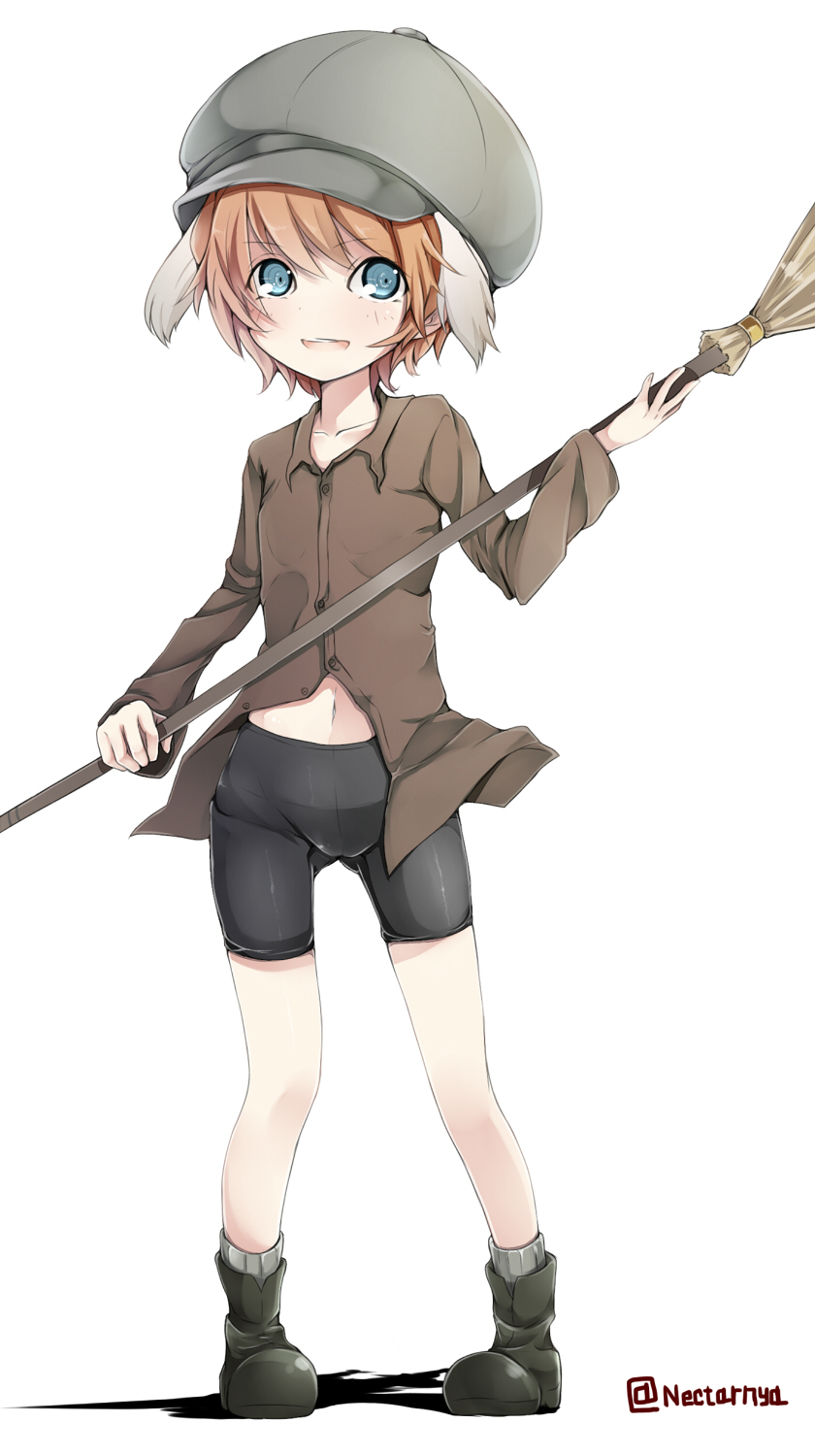 1girl, animal_ears, bike_shorts, blue_eyes, broom, dog_ears, hat, hatsumi_nekuta