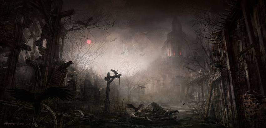 building, dark, diablo_3, highres, landscape, moon, peter_lee, raven_(animal), red_moon