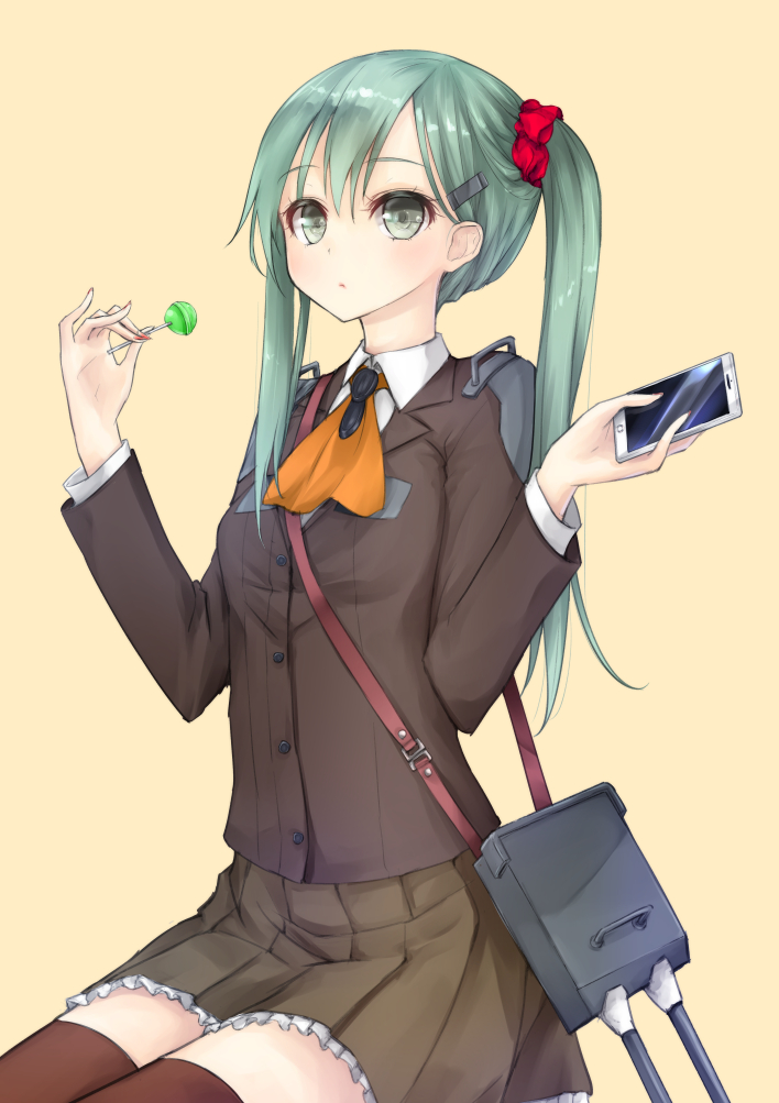 1girl, alternate_hairstyle, aqua_eyes, aqua_hair, candy, cellphone, hair_ornament, kantai_collection