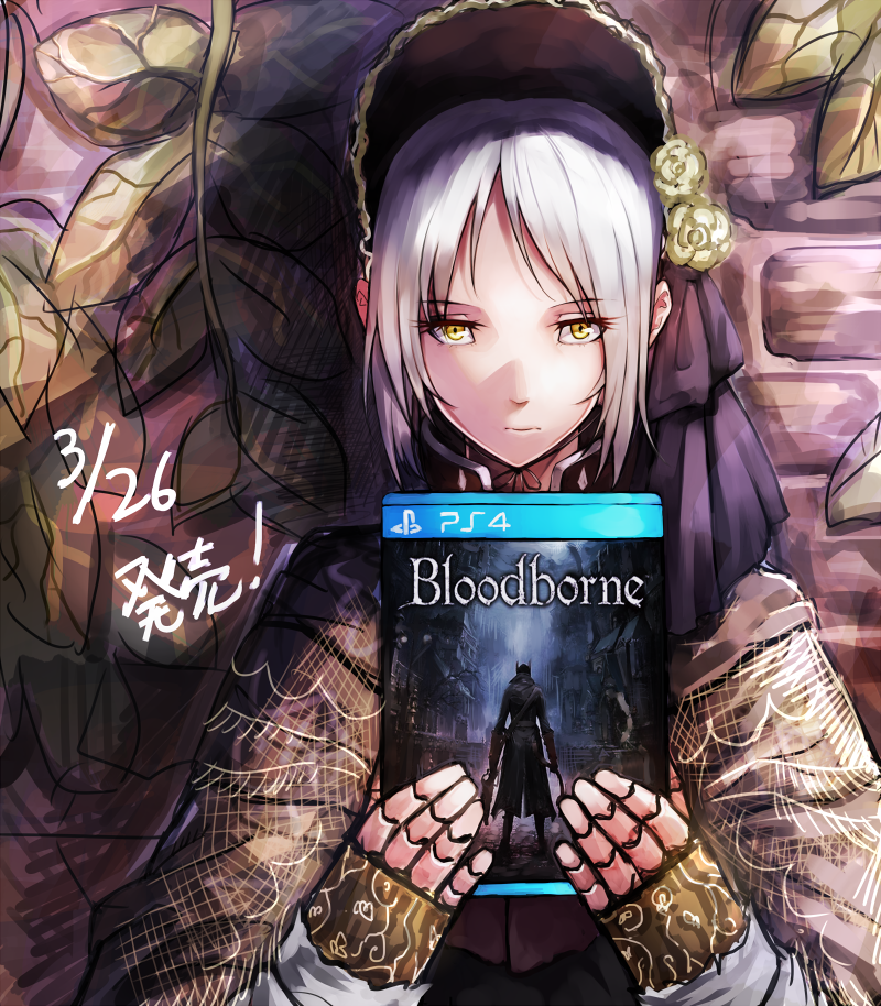 1girl, bloodborne, bonnet, brick_wall, cape, dannrei3636, doll_joints, expressionless, flower, leaf, plain_doll, rose, short_hair, solo, video_game, white_hair, yellow_eyes, yellow_rose