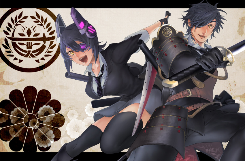 1boy, 1girl, black_hair, cardigan, crossover, eyepatch, formal, gloves