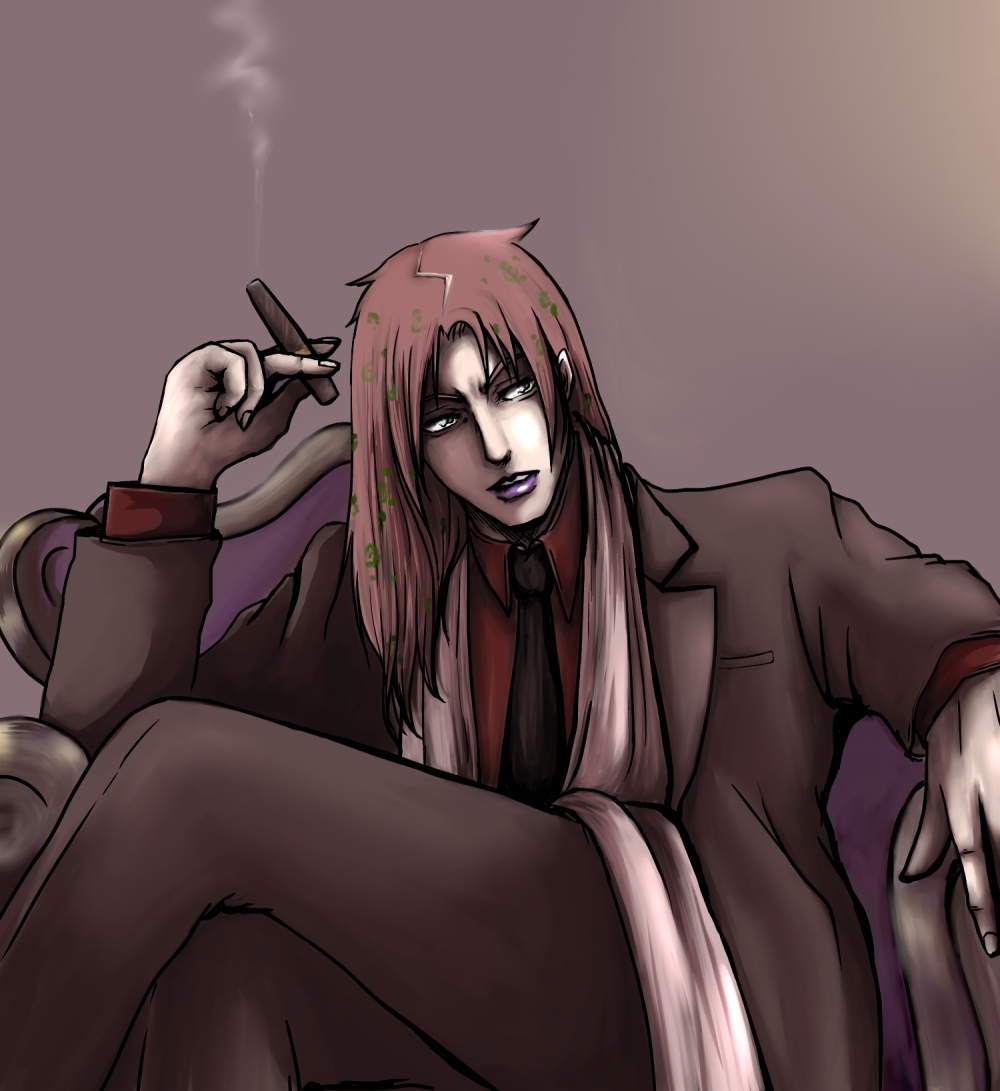 cigar, diavolo, formal, jojo_no_kimyou_na_bouken, lipstick, makeup, necktie, pink_hair, purple_lipstick, reon_(unakowaffxi), scarf, suit