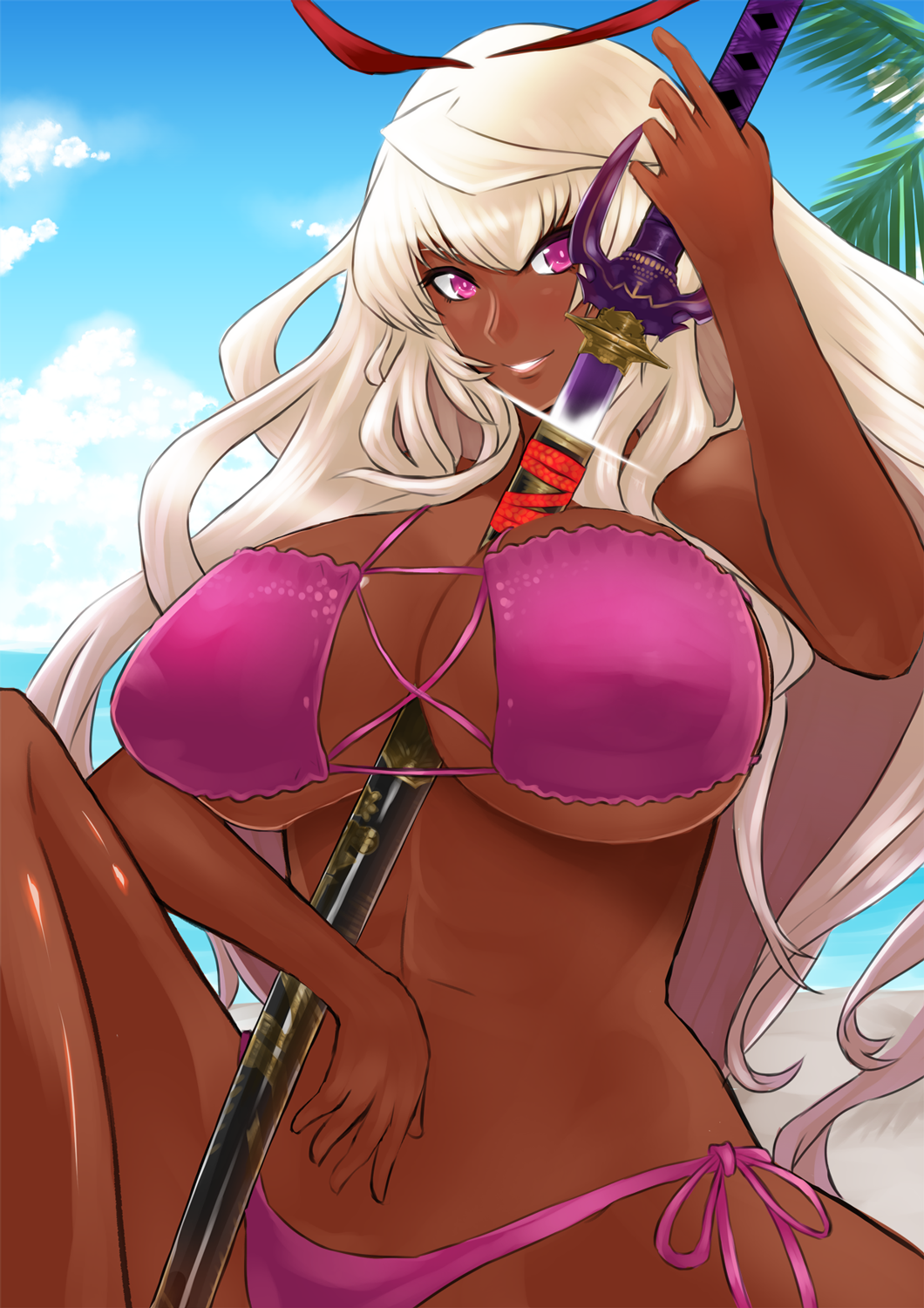 between_breasts, bikini, blonde_hair, breasts, dark_skin, highres, huge_breasts, itou_ittousai_(sengoku_bushouki_muramasa), katana, long_hair, looking_at_viewer, pink_eyes, sengoku_bushouki_muramasa, side-tie_bikini, smile, souren, swimsuit, sword, weapon