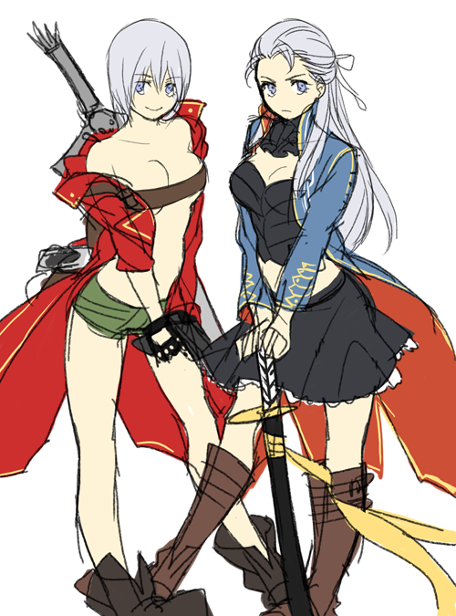 2girls, :3, black_skirt, blue_eyes, boots, breasts, cleavage, dante_(devil_may_cry)