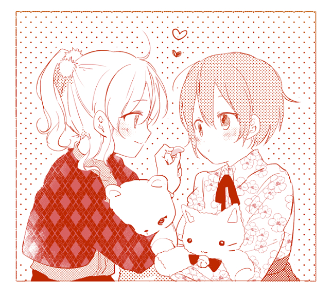 2girls, :o, argyle_sweater, ayase_eli, blush, feeding, floral_print, hoshizora_rin