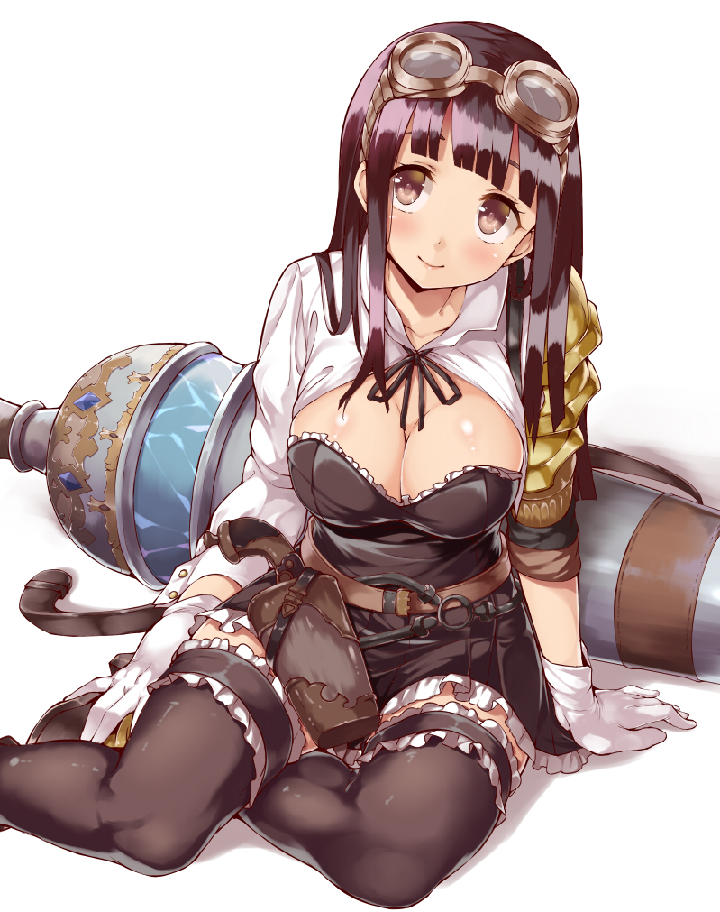 1girl, black_hair, black_legwear, blush, breasts, brown_hair, cleavage, gloves