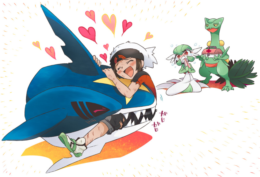 1boy, bano_akira, biting, brown_hair, bruise, envy, first_aid_kit, gardevoir