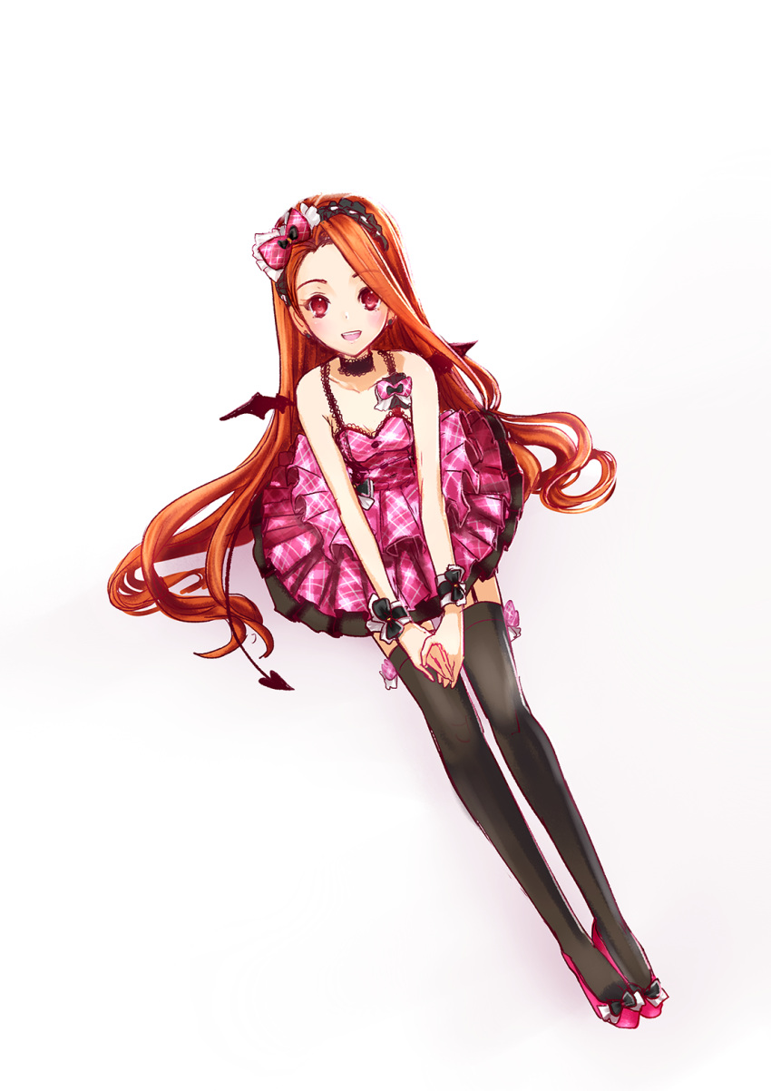 1girl, :d, black_legwear, blush, bow, brown_hair, ch2o, choker, dress, forehead, frilled_dress, frills, from_above, full_body, garter_straps, hairband, highres, idolmaster, legs_together, long_hair, minase_iori, pink_dress, plaid, plaid_dress, red_eyes, sitting, small_breasts, smile, solo, tail, thigh-highs, v_arms, very_long_hair, white_background, wings