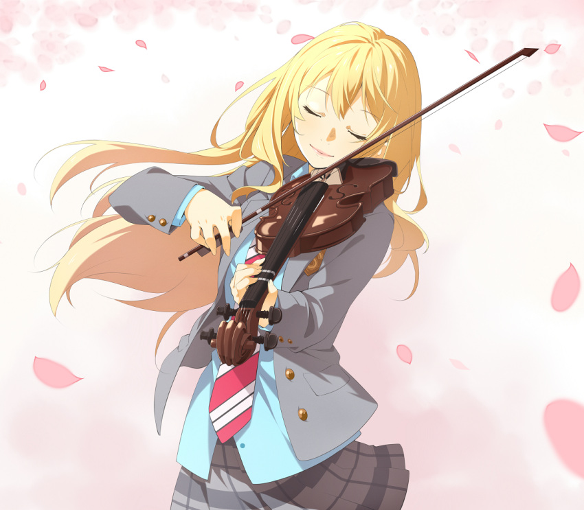 1girl, bangs, blazer, blonde_hair, bow_(instrument), closed_eyes, ello, instrument