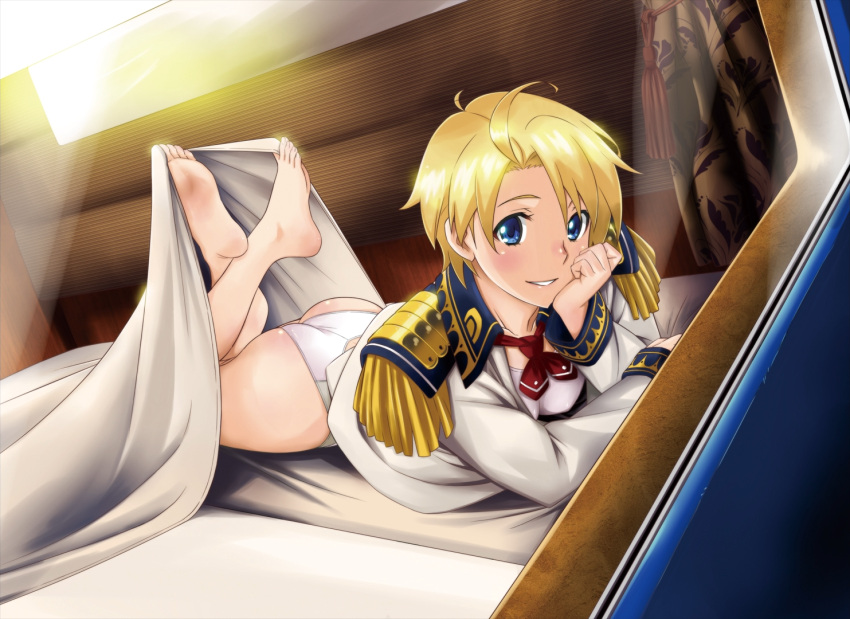 1girl, ahoge, ass, barefoot, bed_sheet, bernina_(rail_wars!), blonde_hair, blue_eyes