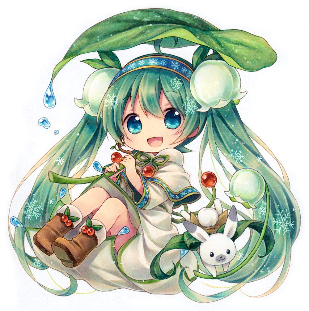1girl, :3, :d, ahoge, blue_eyes, blush, boots, capelet, chibi, flower, full_body, green_hair, hair_flower, hair_ornament, hairband, hatsune_miku, holding, kagami_leo, leaf, long_hair, no_nose, open_mouth, rabbit, smile, snowdrop_(flower), snowflakes, twintails, very_long_hair, vocaloid, white_background, yuki_miku