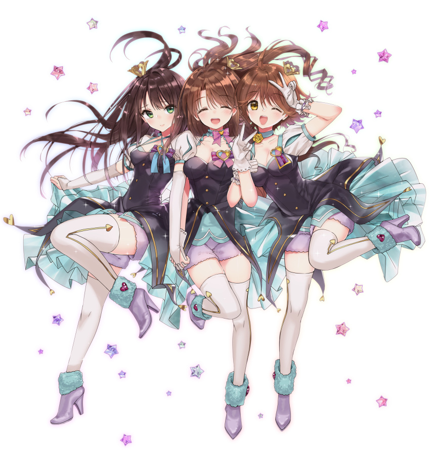 3girls, :d, ;d, ^_^, blush, breasts, cleavage, closed_eyes