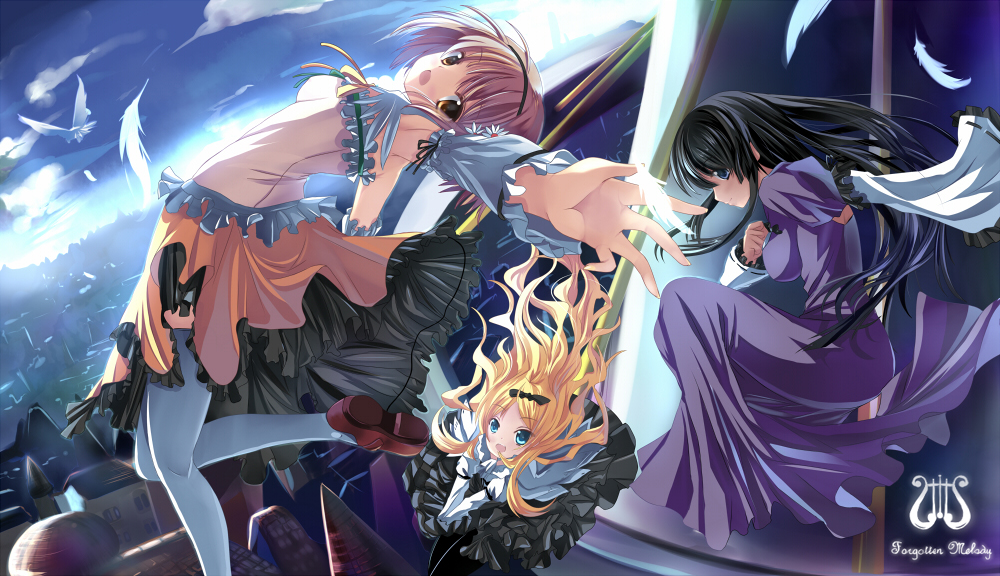 black_hair, blonde_hair, blue_eyes, brown_eyes, cagalin, cityscape, detached_sleeves, dress