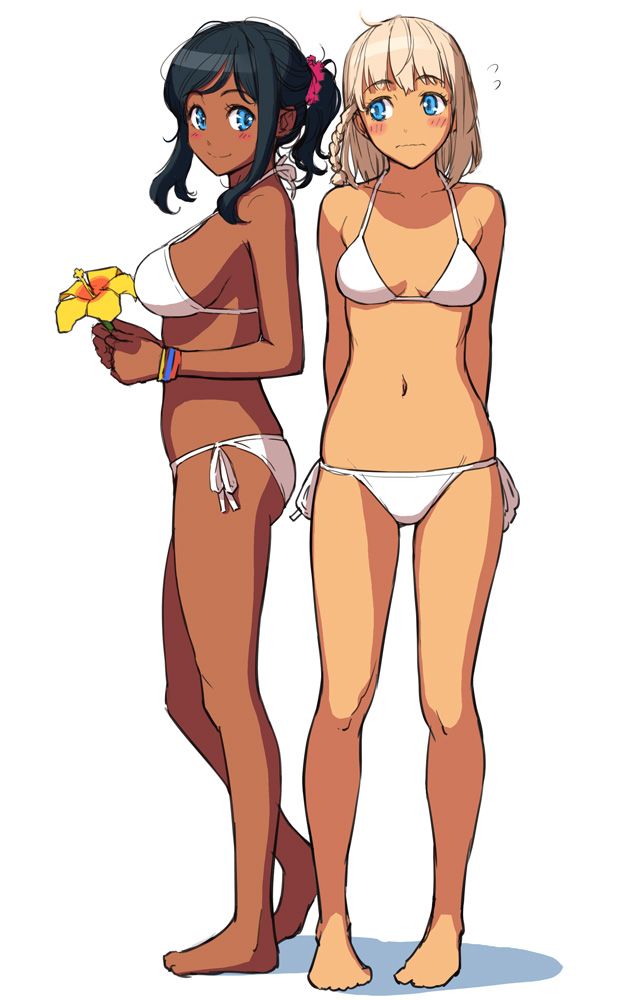 2girls, arms_behind_back, bikini, black_hair, blonde_hair, blue_eyes, blush_stickers, braid