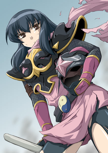 1girl, armor, bamboo_blade, bioroid_hei, black_hair, brown_eyes, long_hair, scarf