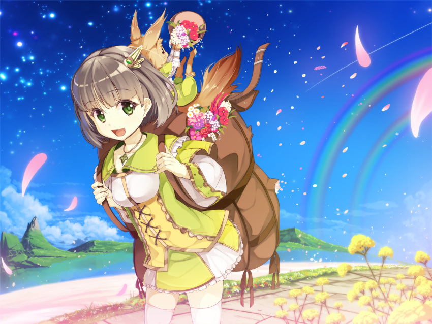 1girl, animal_on_head, backpack, bag, brown_hair, cowboy_shot, fennec_fox, flower, fox, green_clothes, green_eyes, green_skirt, hair_ornament, highres, jewelry, landscape, open_mouth, original, petals, pollen, rainbow, short_hair, skirt, sky, thigh-highs, yuuji_(yukimimi), zettai_ryouiki