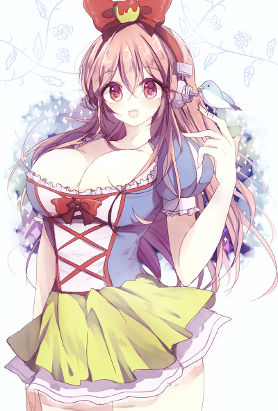 1girl, bird, bird_on_hand, blush, bow, breasts, cleavage, cosplay, dress, hair_bow, headphones, kako_(kaxko), large_breasts, long_hair, looking_at_viewer, nitroplus, open_mouth, pink_hair, red_eyes, smile, snow_white, snow_white_(cosplay), snow_white_and_the_seven_dwarfs, solo, super_sonico