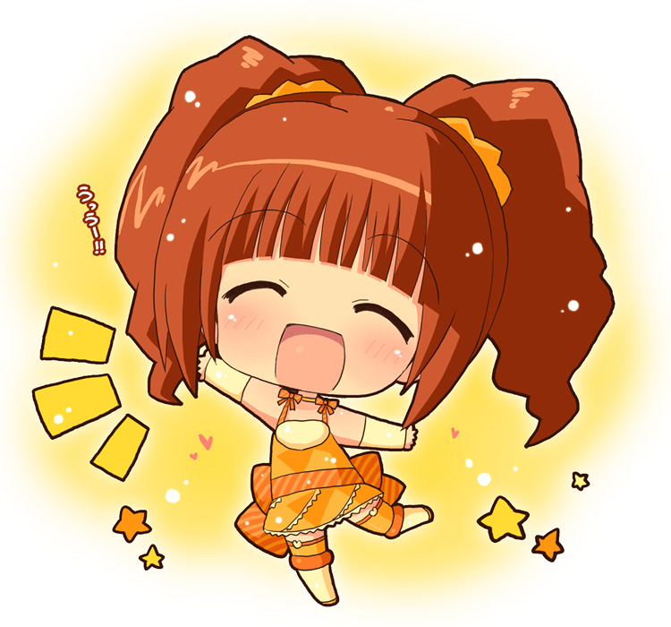 brown_hair, chibi, closed_eyes, cute_&amp;_girly_(idolmaster), hahifuhe, idolmaster, mini_morning, open_mouth, orange_hair, outstretched_arms, skirt, solo, takatsuki_yayoi, thigh-highs, thighhighs, twintails