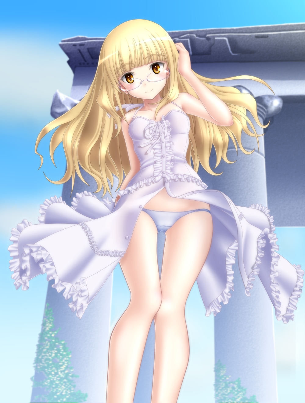 1girl, blonde_hair, glasses, highres, long_hair, looking_at_viewer, mushoku_no_hourousha, panties, perrine_h_clostermann, ribbon, smile, solo, strike_witches, underwear, white_panties, yellow_eyes