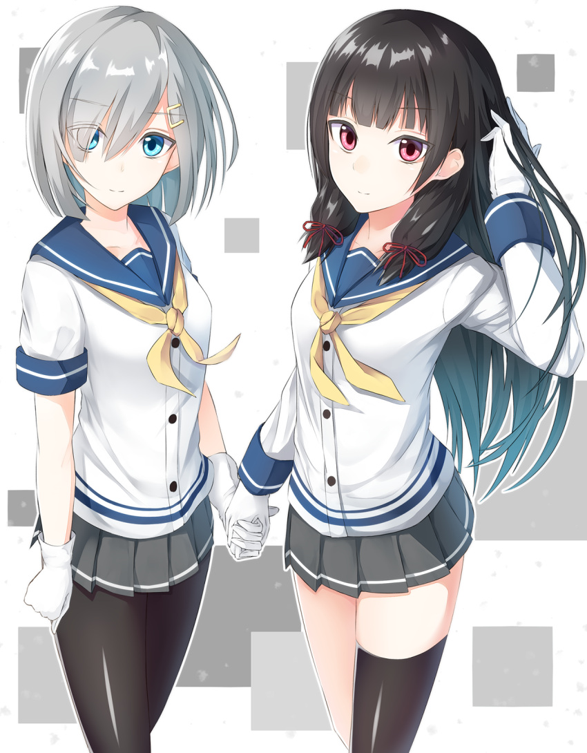2girls, black_hair, black_legwear, blue_eyes, breasts, gen_(gen_7254), gloves, hair_ornament