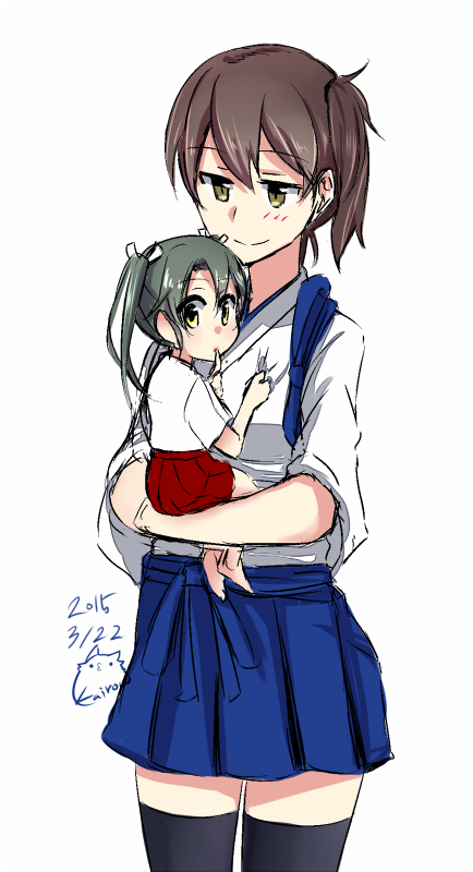 2girls, blue_skirt, brown_eyes, brown_hair, carrying, child, japanese_clothes, kaga_(kantai_collection)