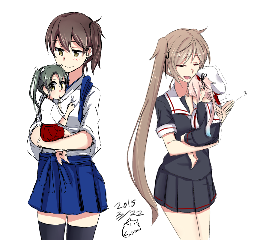 4girls, black_dress, blue_skirt, brown_eyes, brown_hair, carrying, child, closed_eyes