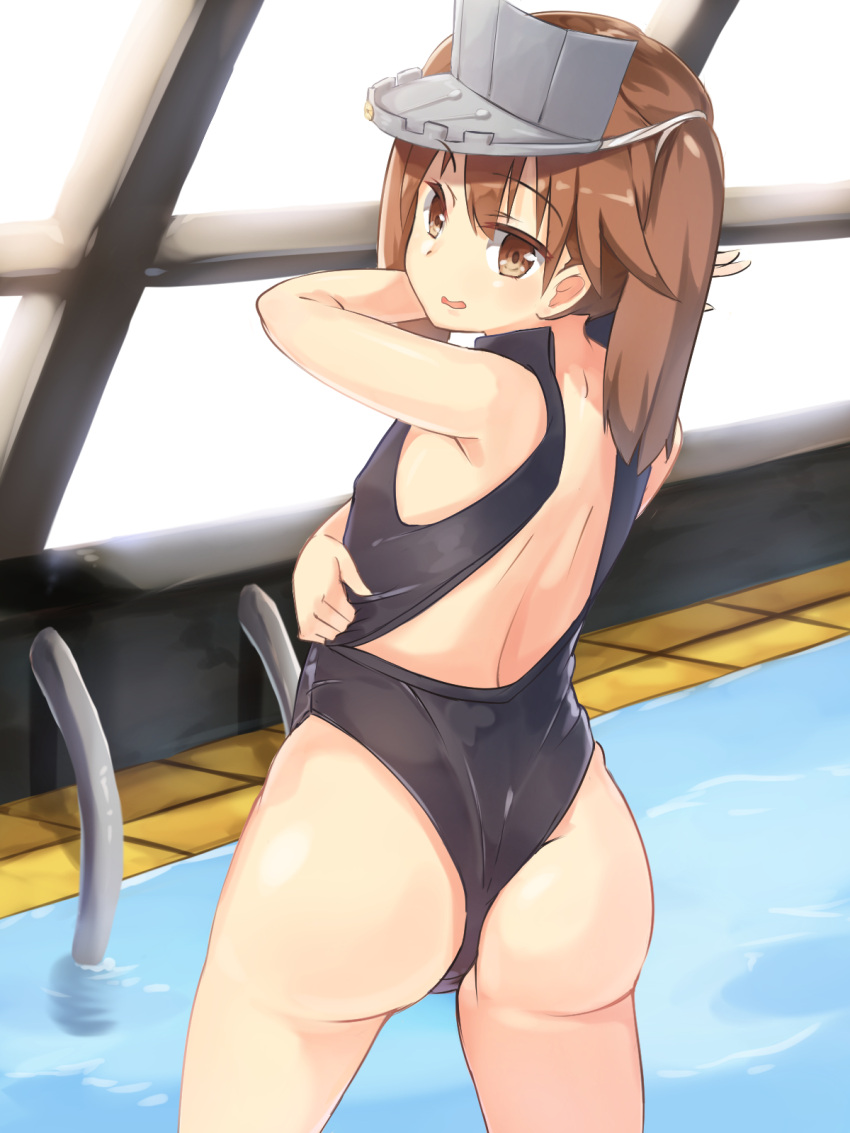 1girl, ass, brown_eyes, brown_hair, highres, kantai_collection, long_hair, looking_at_viewer
