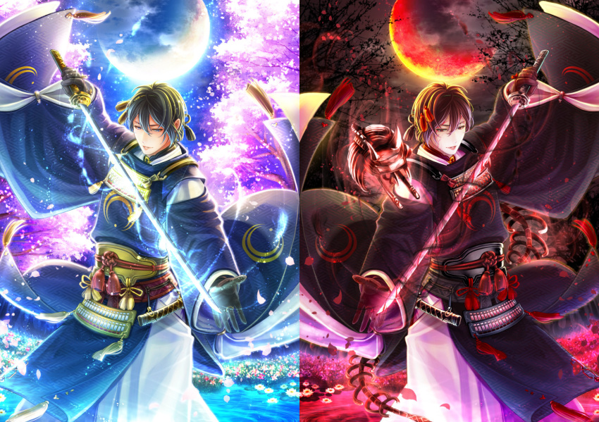 1boy, asato_(anjam), black_hair, blue_eyes, blue_hair, cherry_blossoms, dark_persona, dual_persona, enemy_tachi, full_moon, gloves, glowing, glowing_sword, glowing_weapon, highres, japanese_clothes, katana, mikazuki_munechika, moon, red_eyes, short_hair, sword, touken_ranbu, weapon