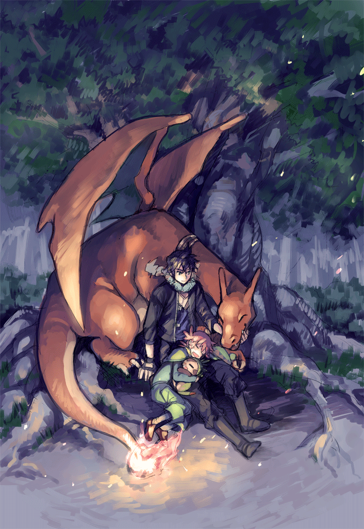 1boy, 1girl, alain_(pokemon), amezawa_koma, charizard, chespin, hat, lap_pillow