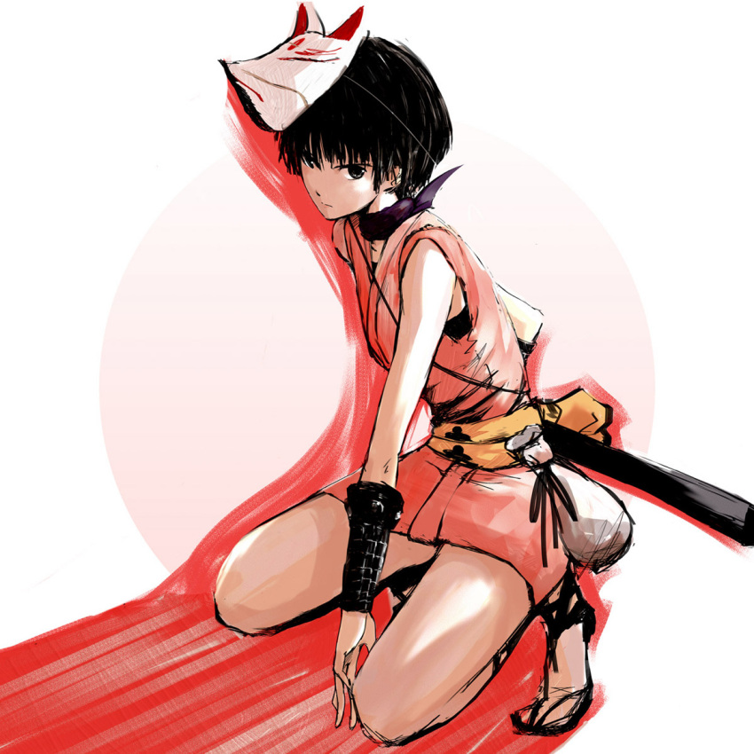 black_hair, emukami, fox_mask, highres, japanese_clothes, katana, kimono, kneeling, mask, ninja, pouch, rin_(tenchu), sack, sandals, scarf, sheath, sheathed, short_hair, short_kimono, solo, source_request, sword, tenchu, weapon