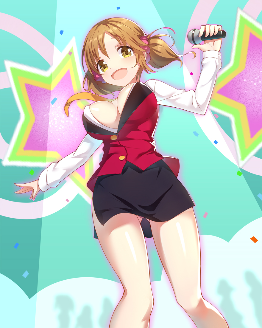 1girl, blush, breasts, brown_eyes, brown_hair, cleavage, hair_ornament, idolmaster