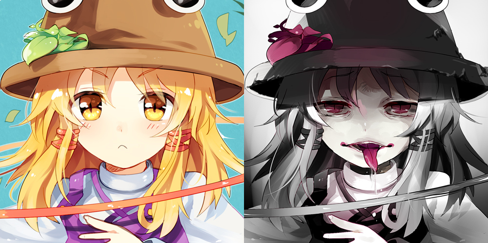 1girl, amano_kenpi, blonde_hair, blue_background, blush, dark_persona, dual_persona, gradient