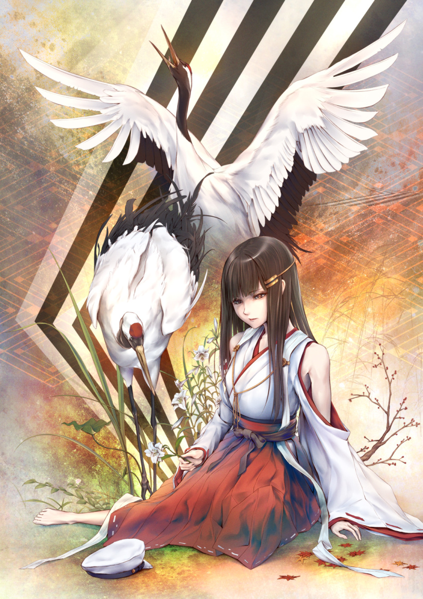 1girl, adapted_costume, bare_shoulders, bird, black_hair, brown_eyes, crane_(animal), hair_ornament