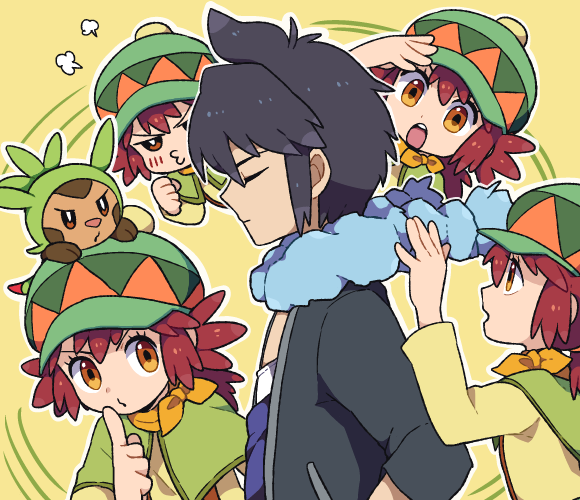 1boy, 1girl, alain_(pokemon), brown_eyes, chespin, hat, long_hair, manon_(pokemon)