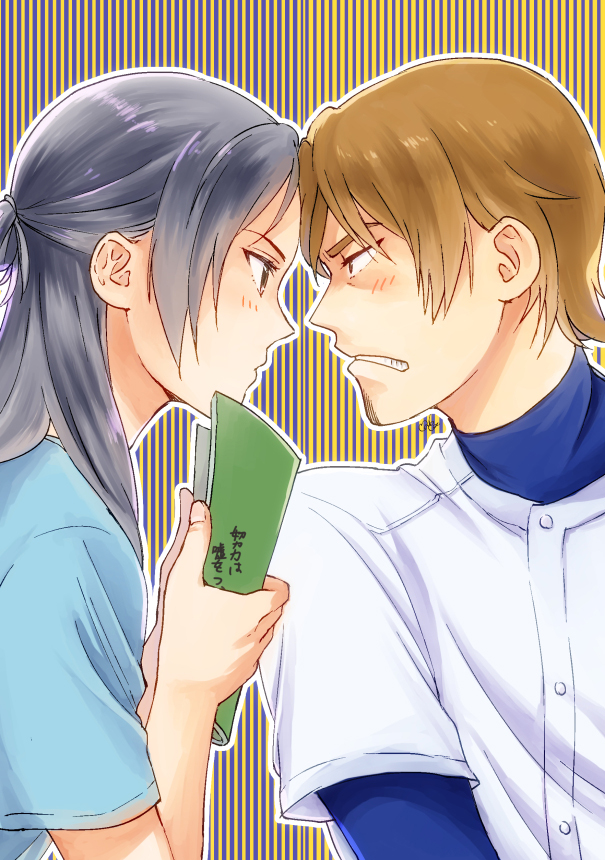 1boy, 1girl, ace_of_diamond, baseball_uniform, blue_hair, blue_shirt, blush, book