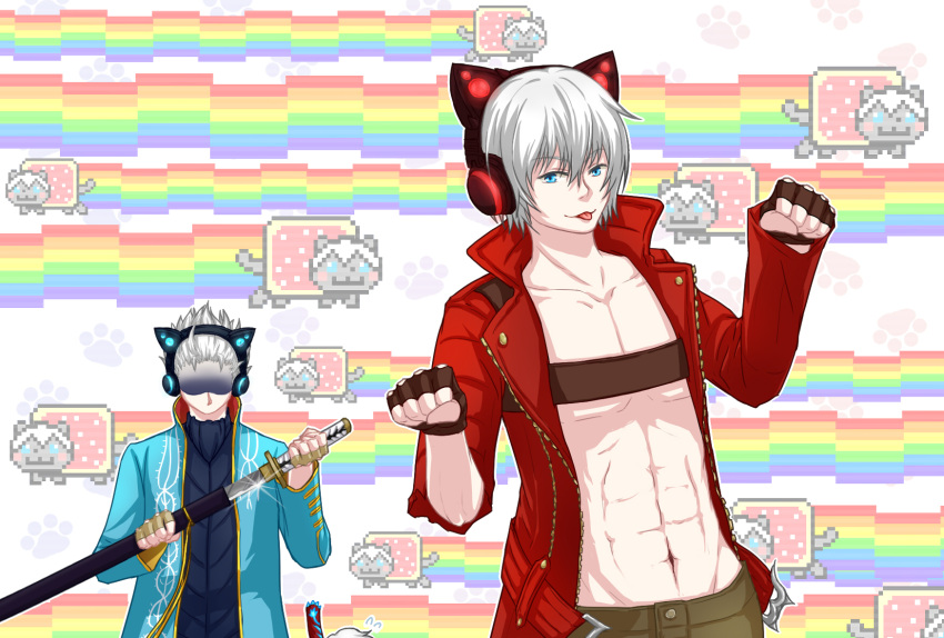 2boys, :p, abs, animal_ears, beltbra, brothers, cat_ears, dante_(devil_may_cry), devil_may_cry, devil_may_cry_3, fingerless_gloves, gloves, headphones, highres, katana, kemonomimi_mode, long_coat, multiple_boys, nyan_cat, paw_pose, pectorals, qian_cai, sheath, shirtless, siblings, solo_focus, sword, tongue, tongue_out, unsheathing, vergil, weapon
