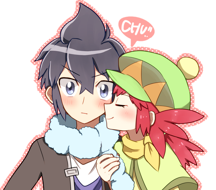 1boy, 1girl, ako_(ako0905), alain_(pokemon), blue_eyes, blush, cheek_kiss, closed_eyes, hat, kiss, long_hair, manon_(pokemon), pokemon, pokemon_(anime), purple_hair, redhead, short_hair