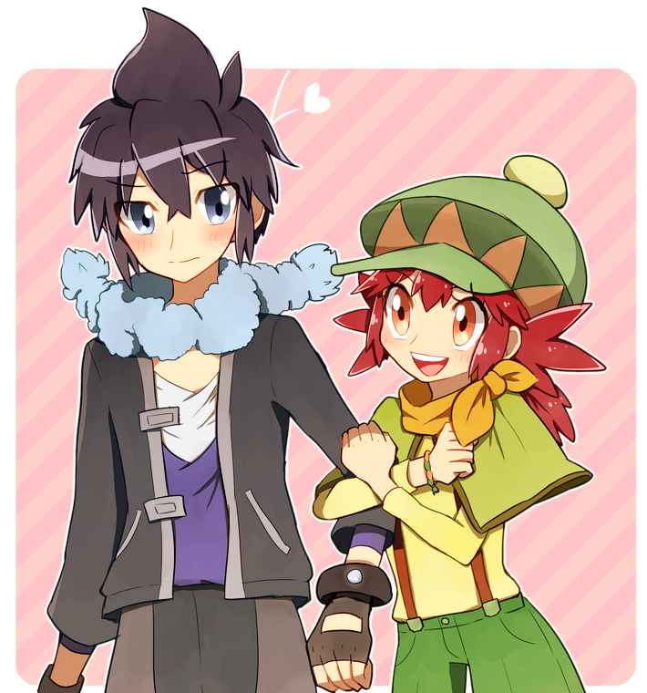 1boy, 1girl, ako_(ako0905), alain_(pokemon), blue_eyes, blush, brown_eyes, hat, heart, long_hair, manon_(pokemon), pokemon, pokemon_(anime), purple_hair, redhead, short_hair, smile