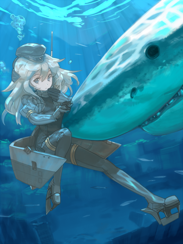 1girl, animal, blonde_hair, blue_eyes, bokaa_(exploration), cropped_jacket, fish, garrison_cap