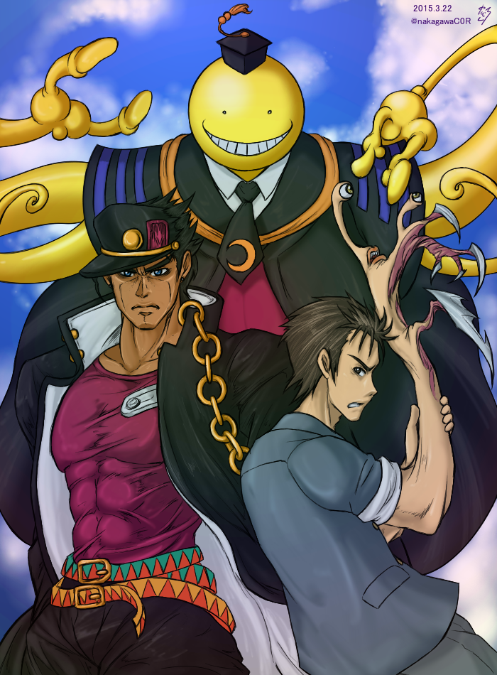 ansatsu_kyoushitsu, izumi_shin'ichi, jojo_no_kimyou_na_bouken, kiseijuu, koro-sensei, kuujou_joutarou, migi, nakagawa_rui