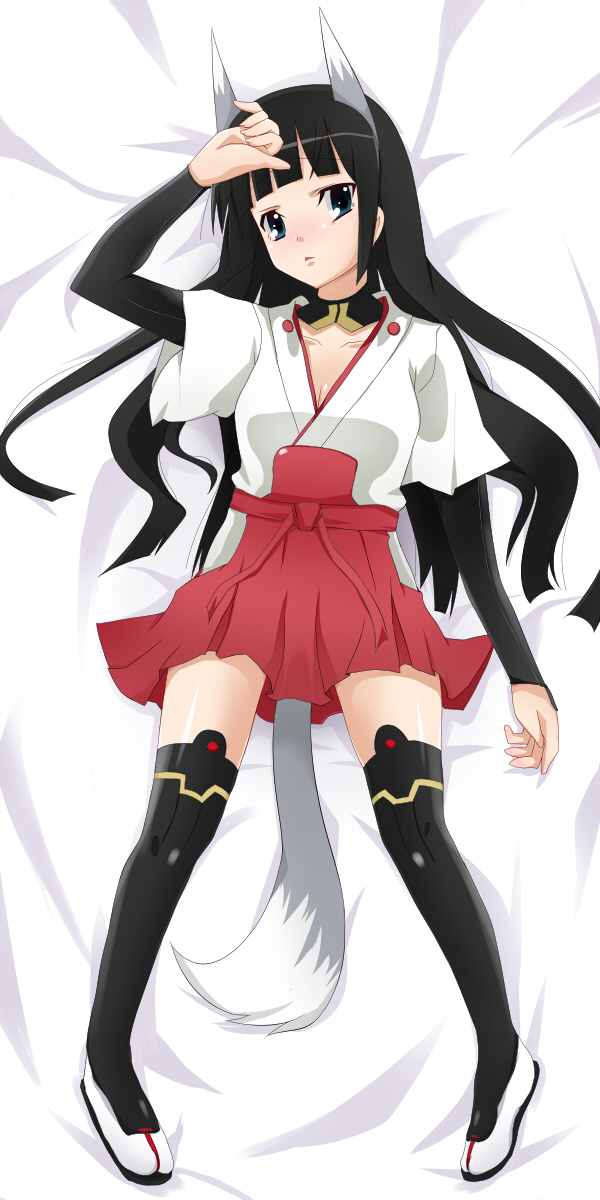 animal_ears, black_hair, blue_eyes, breasts, fox_ears, fox_tail, highres, japanese_clothes