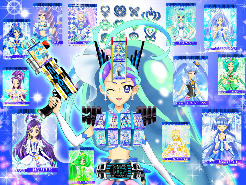 1girl, belt, blue_eyes, blue_hair, card, cosplay, crossover, cure_aqua