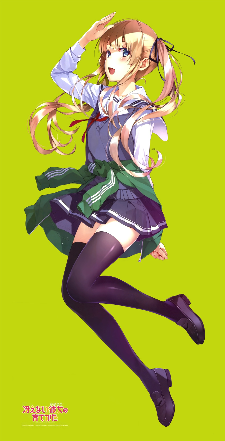 1girl, :d, absurdres, arm_up, black_legwear, blonde_hair, blue_eyes, fang