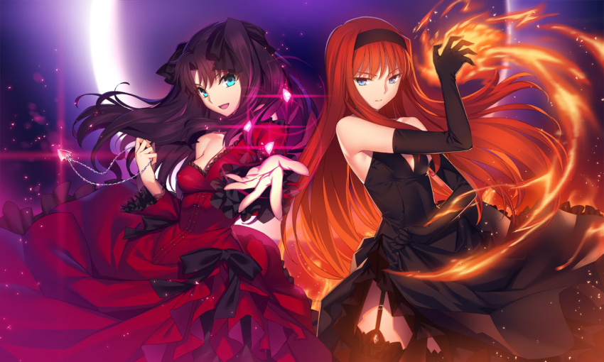 2girls, bare_shoulders, black_garter_straps, black_legwear, blue_eyes, bow, breasts, brown_hair