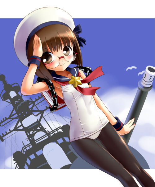 brown_eyes, brown_hair, glasses, hat, japan_maritime_self-defense_force, jiei-tan, katahira_masashi, one-piece_swimsuit