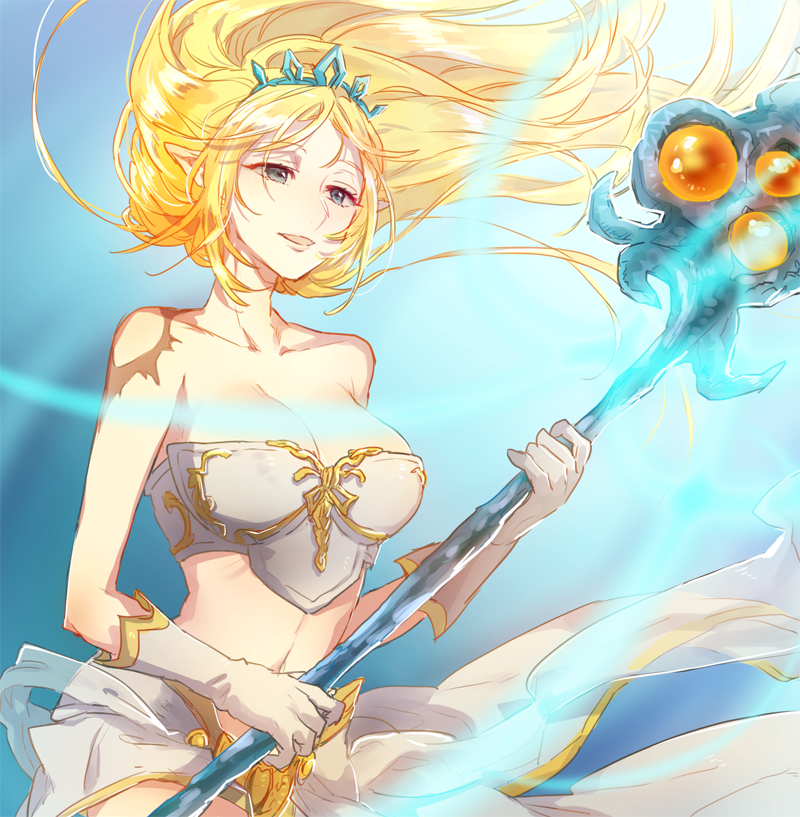 1girl, bangs, blonde_hair, blue_eyes, breasts, es_(esscarlet), floating_hair, janna_windforce, large_breasts, league_of_legends, long_hair, midriff, off_shoulder, parted_bangs, pointy_ears, solo, staff