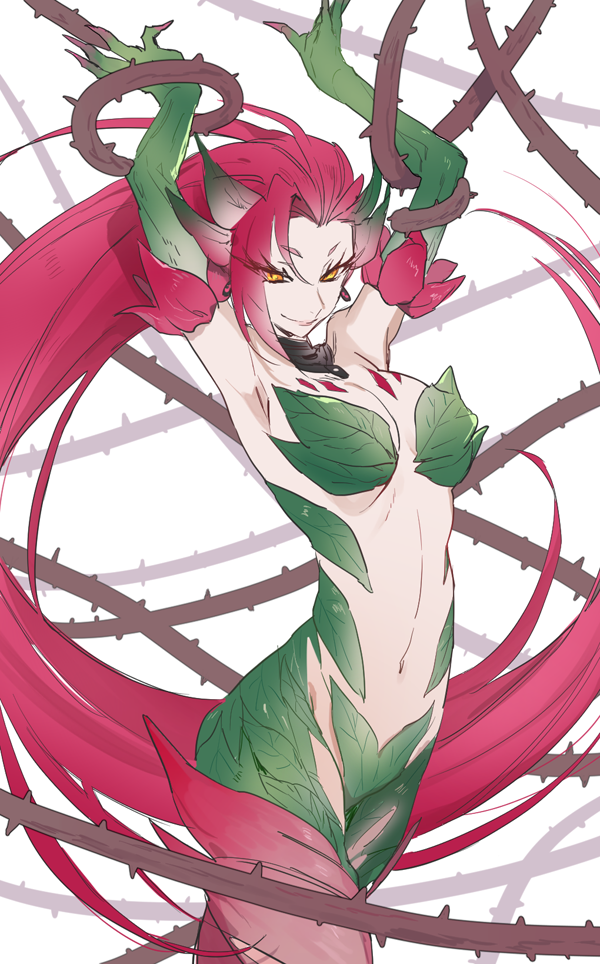 1girl, arms_up, bare_shoulders, breasts, cleavage, es_(esscarlet), leaf, league_of_legends