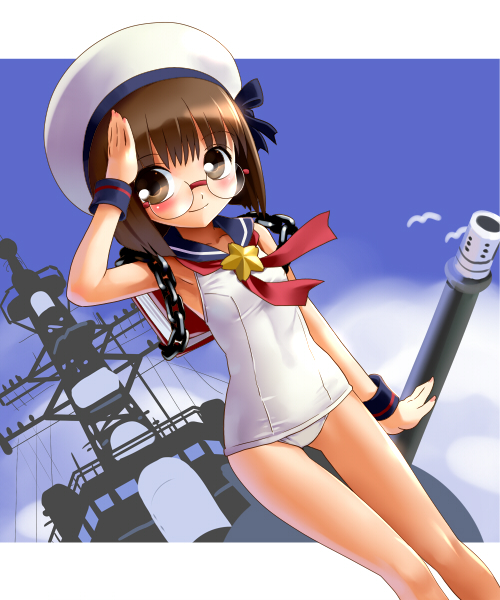brown_eyes, brown_hair, chain, glasses, japan_maritime_self-defense_force, jiei-tan, katahira_masashi, one-piece_swimsuit