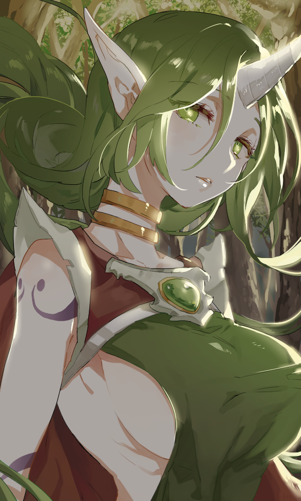 1girl, alternate_costume, alternate_eye_color, alternate_hair_color, armpits, bare_shoulders, breasts, es_(esscarlet), green_eyes, green_hair, horn, large_breasts, league_of_legends, long_hair, looking_at_viewer, parted_lips, pointy_ears, sideboob, soraka