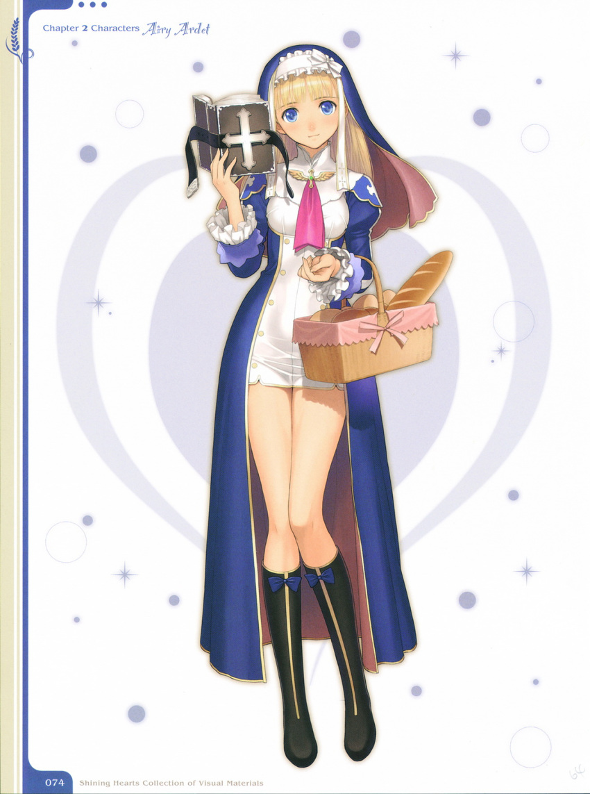 1girl, basket, bible, blonde_hair, blue_eyes, boots, bread, concept_art